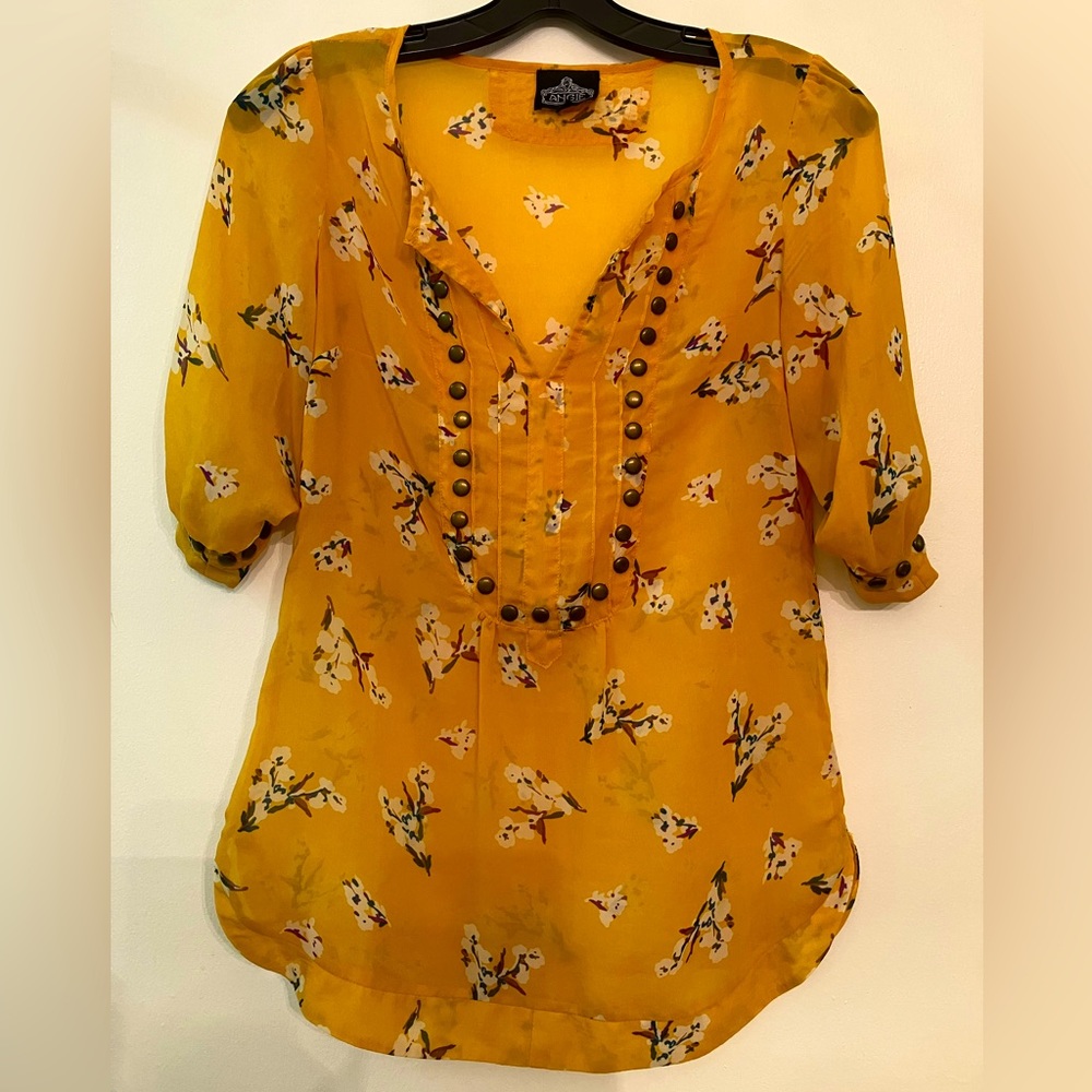 Angie Gold Blouse with Floral Pattern Size S